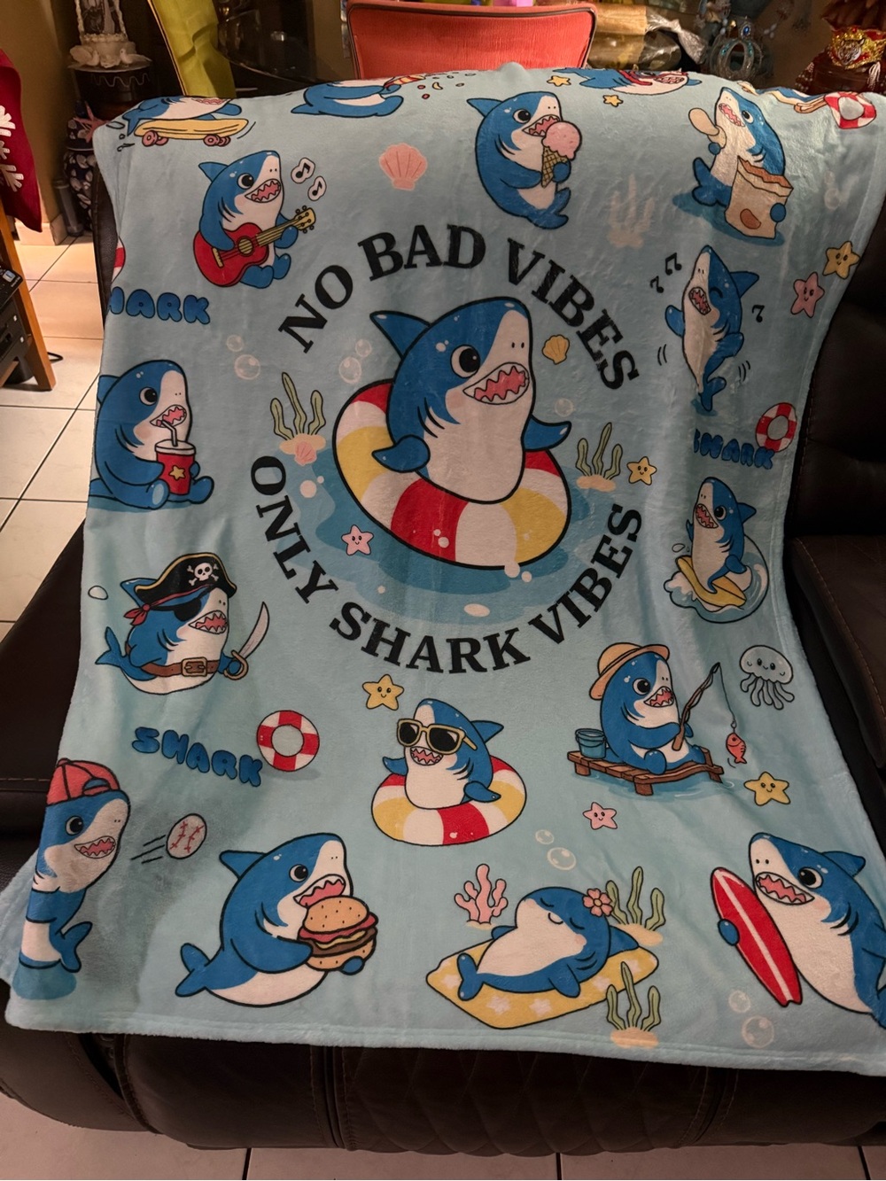 No Bad Vibes Only Shark Vibes Plush Blanket - Blue Cartoon Sharks